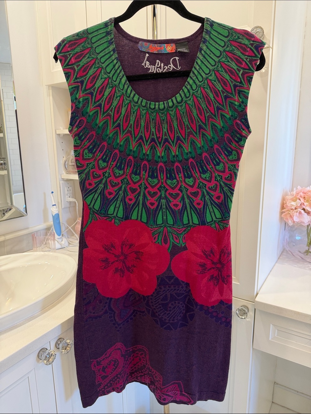 Desigual Purple Knit Mini Dress with Red Floral and Green Yoke